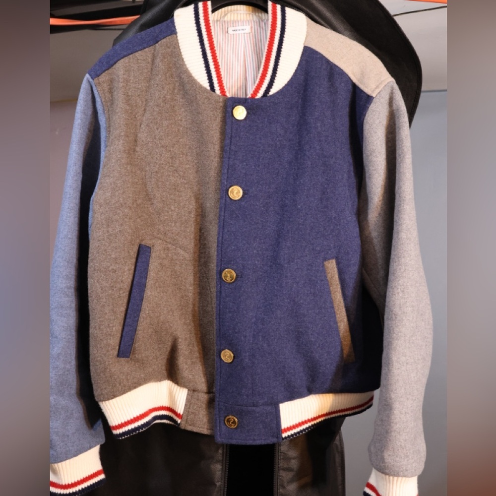 Thom Browne Brown and Blue Varsity Bomber Jacket